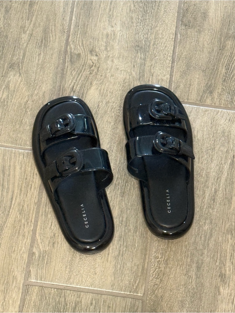 CECILIA NEW YORK Black Patent Double-Buckle Slide Mules